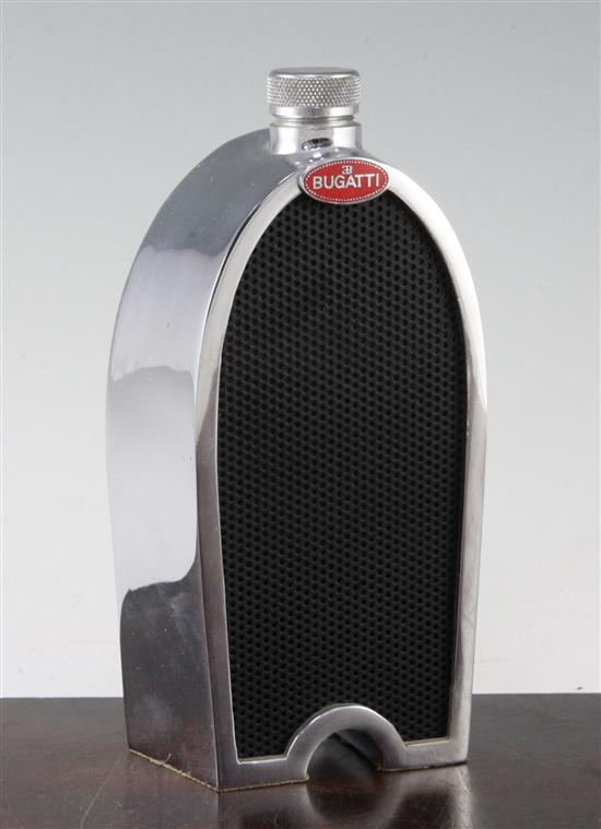 A Ruddspeed chrome plated spirit flask, modelled as a Bugatti radiator grille, 8in.